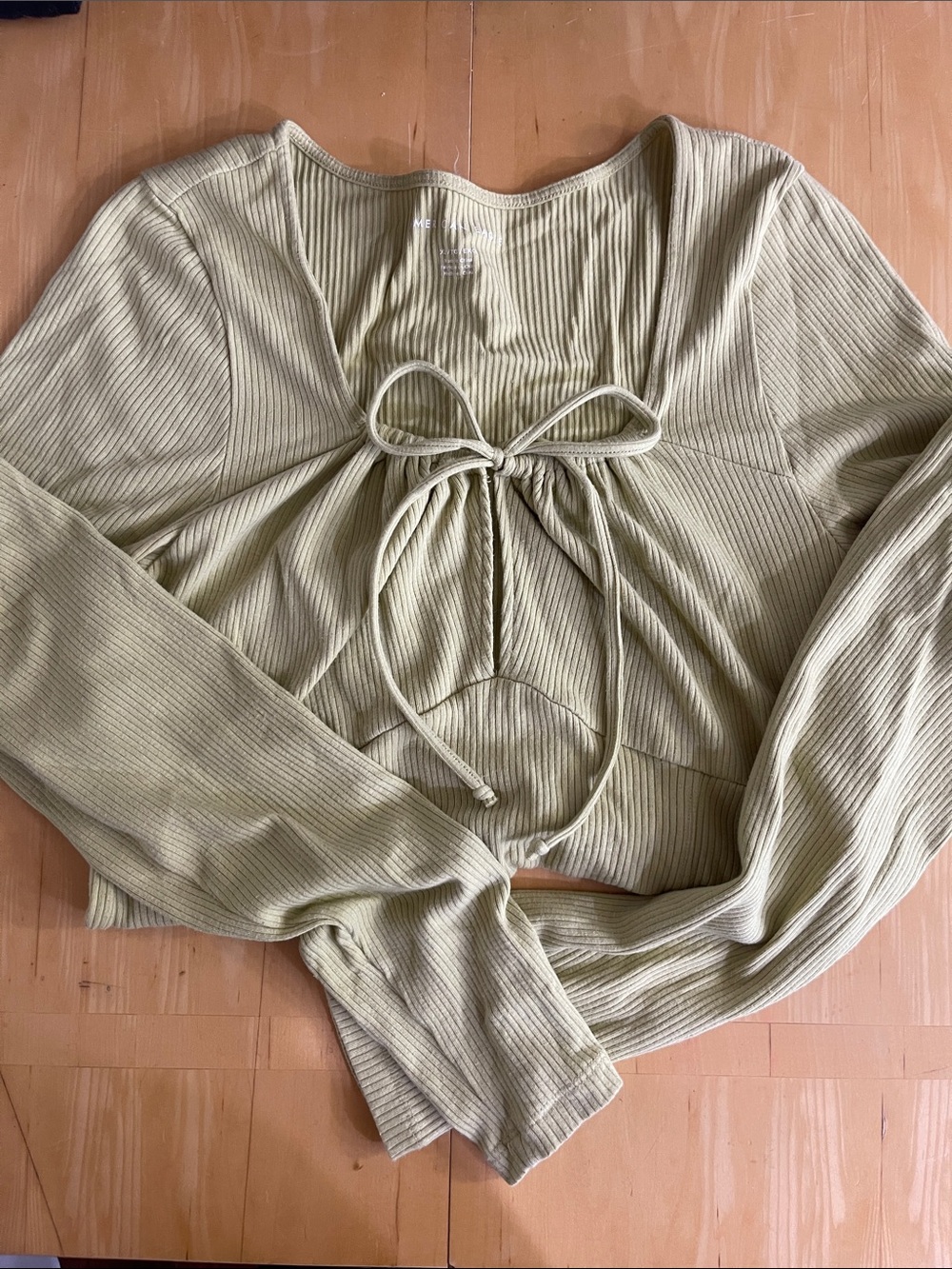 Ribbed Tie-Front Long Sleeve Top with Key-hole